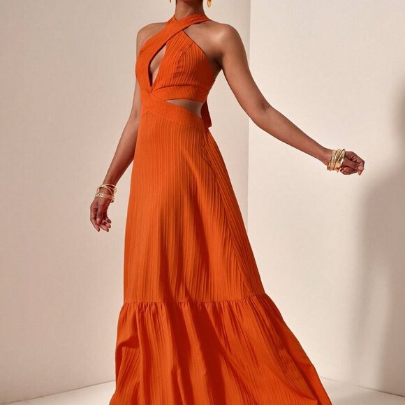 Orange Sexy Women's Casual Vacation Cross Halter Neck Hollow Backless Dress - Picture 3 of 7